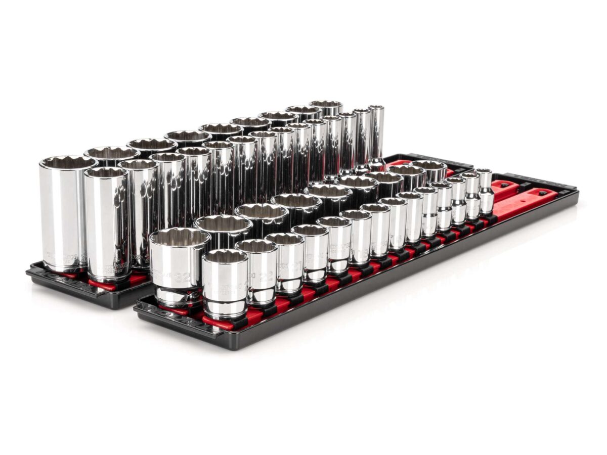 TEKTON 1/2 Inch Drive 12-Point Socket Set with Rails and Trays, 46-Piece (10-32 mm) | SHD92208