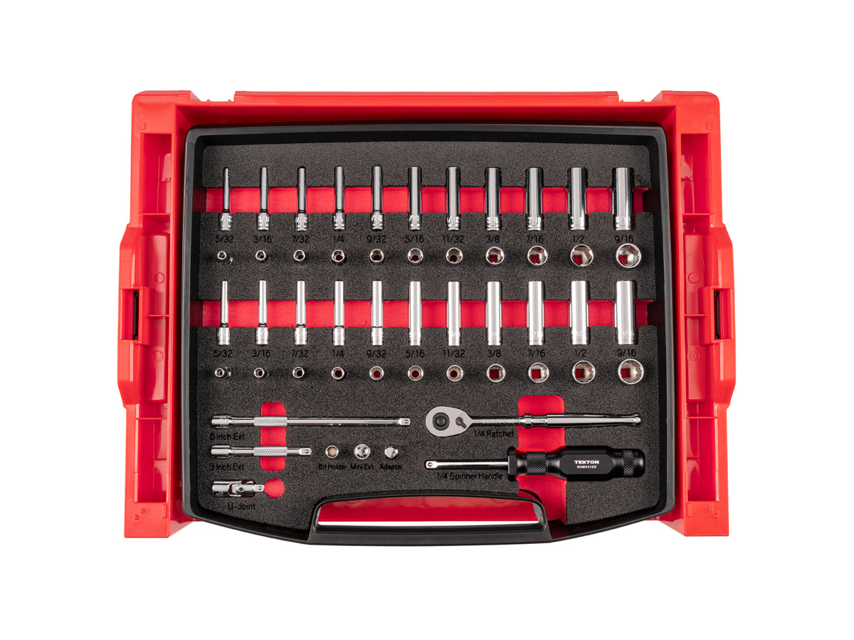 TEKTON 1/4 Inch Drive 6-Point and 12-Point Socket and Ratchet Set with Open Top Drawer and Rack, 52-Piece (5/32-9/16 in.) | OLB94301