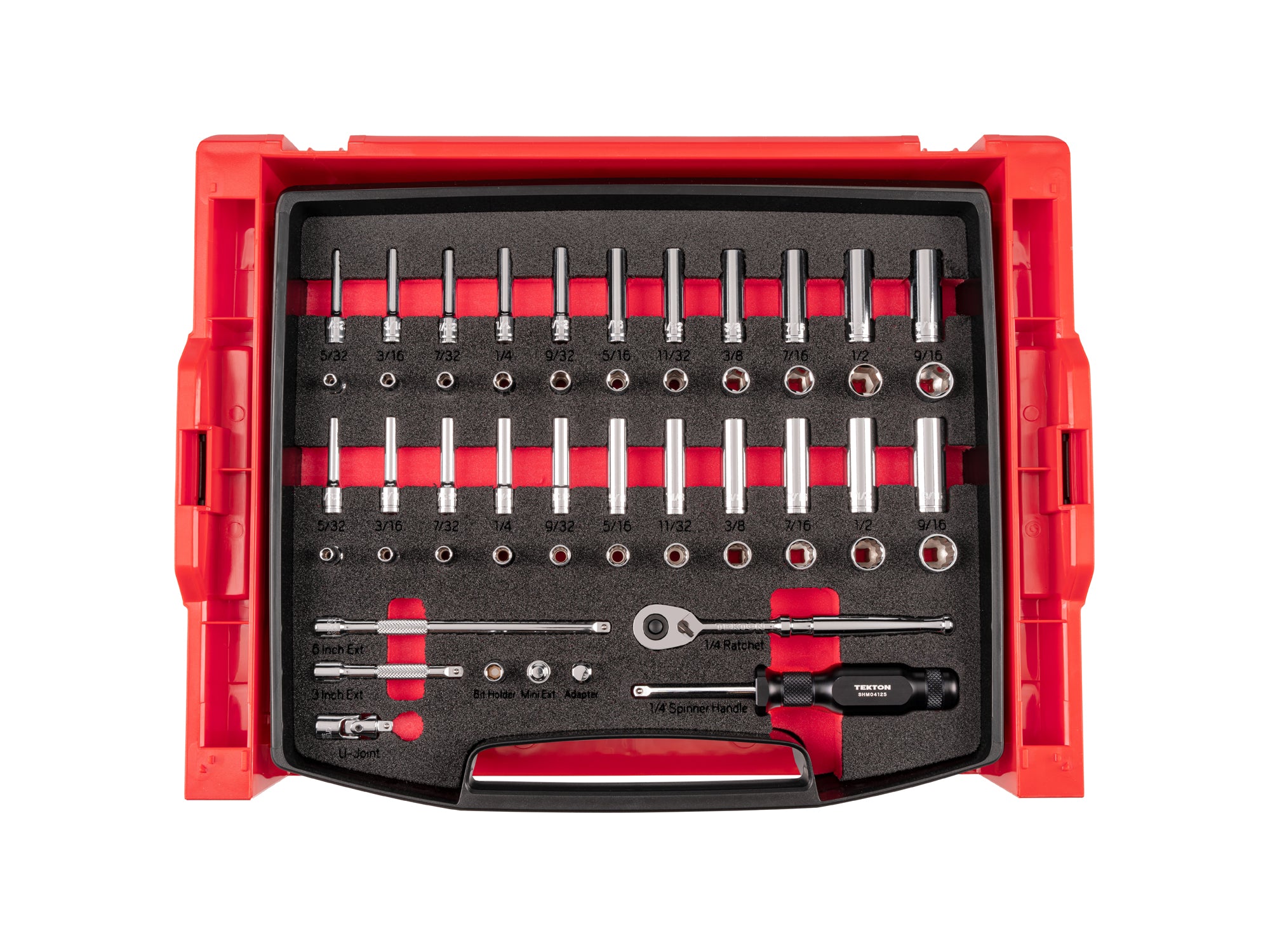 TEKTON 1/4 Inch Drive 6-Point and 12-Point Socket and Ratchet Set with Open Top Drawer and Rack, 52-Piece (5/32-9/16 in.) | OLB94301 Main image
