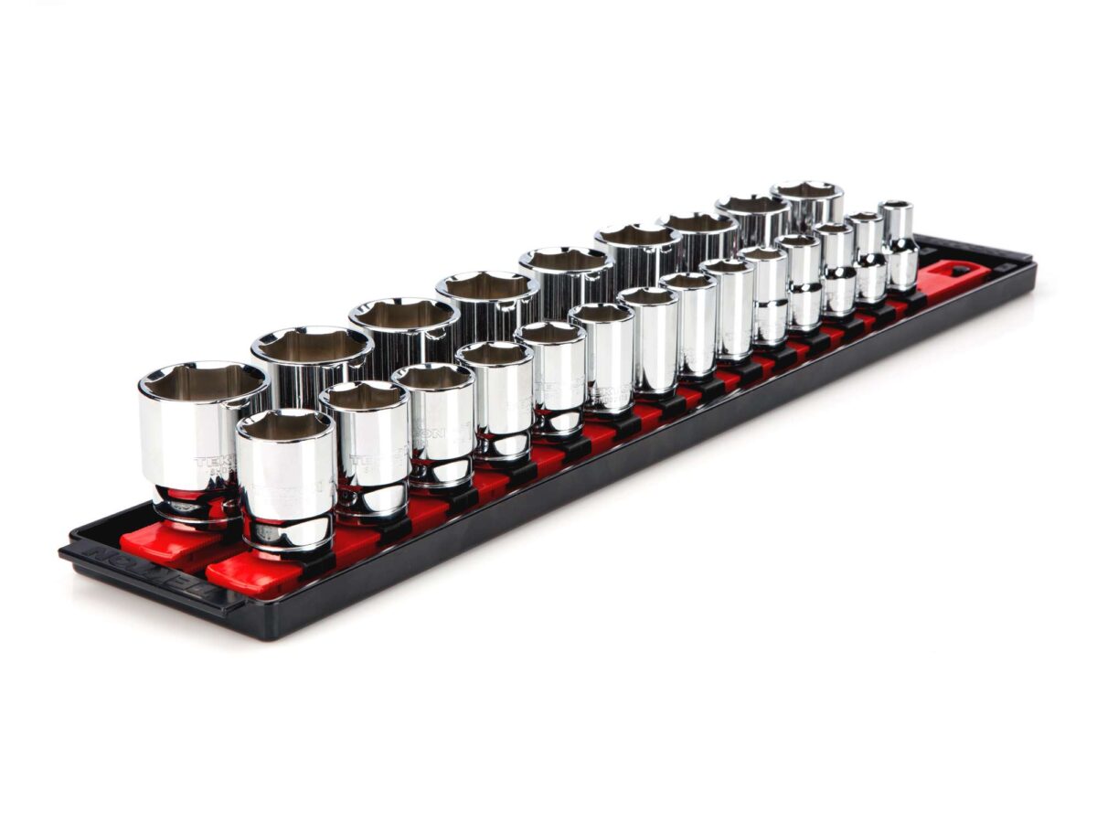 TEKTON 1/2 Inch Drive 6-Point Socket Set with Rails and Tray, 23-Piece (10-32 mm) | SHD92002