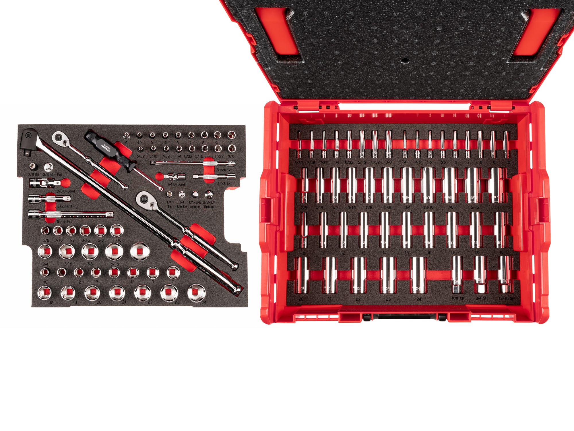 TEKTON 1/4, 3/8 Inch Drive 6-Point Socket Set with Lid Insert in Stacking Tool Box, 105-Piece (5/32 - 1 in., 4 - 24 mm) | OLB91301 Main image