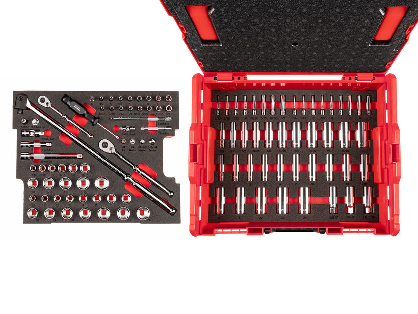 TEKTON 1/4, 3/8 Inch Drive 6-Point Socket Set with Lid Insert in Stacking Tool Box, 105-Piece (5/32 - 1 in., 4 - 24 mm) | OLB91301 Main image