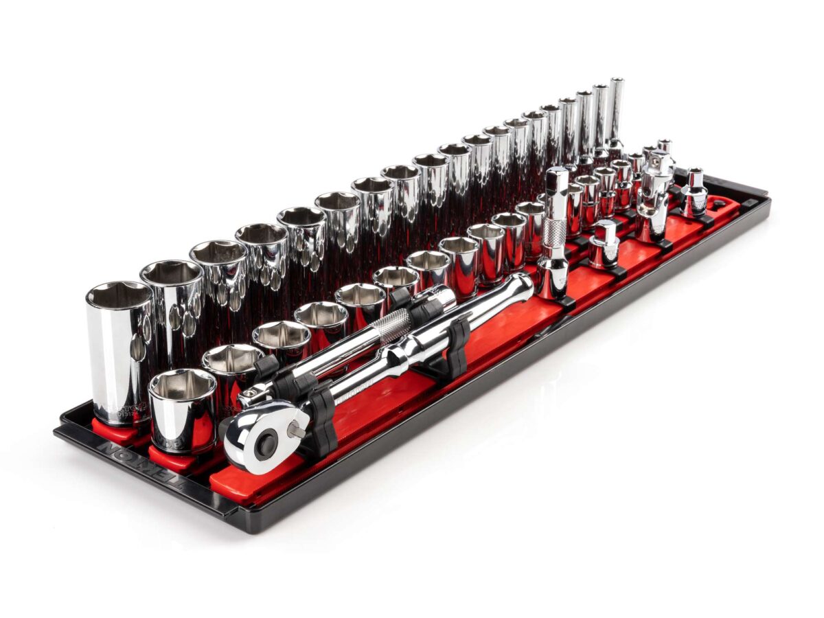 TEKTON 3/8 Inch Drive 6-Point Socket and Ratchet Set with Rails and Tray, 44-Piece (6-24 mm) | SKT13201