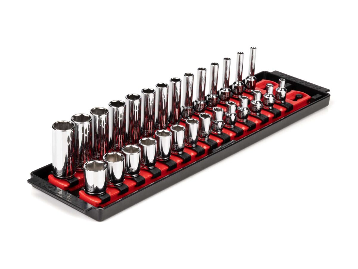 TEKTON 1/4 Inch Drive 6-Point Socket Set with Rails and Tray, 28-Piece (4-15 mm) | SHD90211 Main image