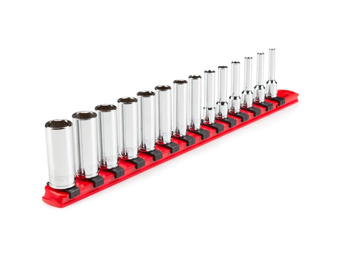 TEKTON 1/4 Inch Drive Deep 6-Point Socket Set with Rail, 14-Piece (4-15 mm) | SHD90113