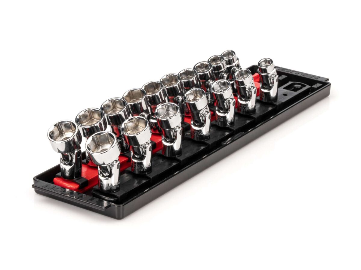 TEKTON 3/8 Inch Drive 6-Point Universal Joint Socket Set with Rails and Tray, 17-Piece (3/8-3/4 in., 10-19 mm) | SHD91217 Main image