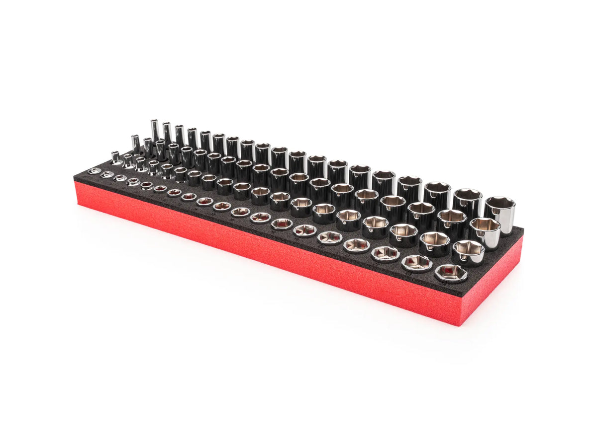 3/8" Drive Extra-Shallow, Shallow, Semi- Deep, and Deep Socket Set with 20 x 6 Inch Foam Organizer (76-Piece)