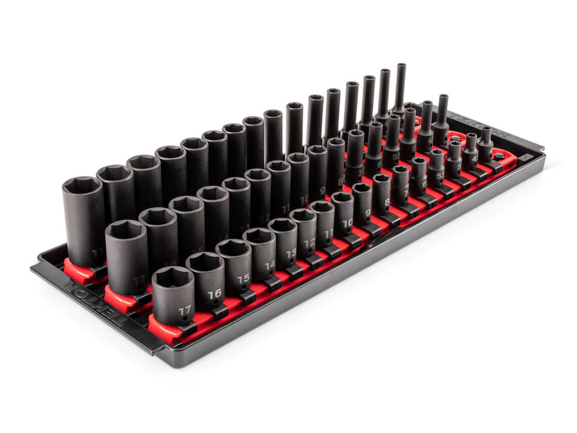 1/4 Inch Drive Shallow, Semi-Deep, and Deep 6-Point Impact Socket Set with Rails and Tray (48-Piece) Main image