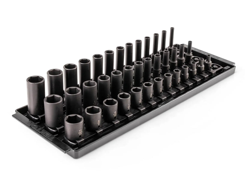 1/4 Inch Drive Shallow, Semi-Deep, and Deep 6-Point Impact Socket Set with Rails and Tray (39-Piece) Main image