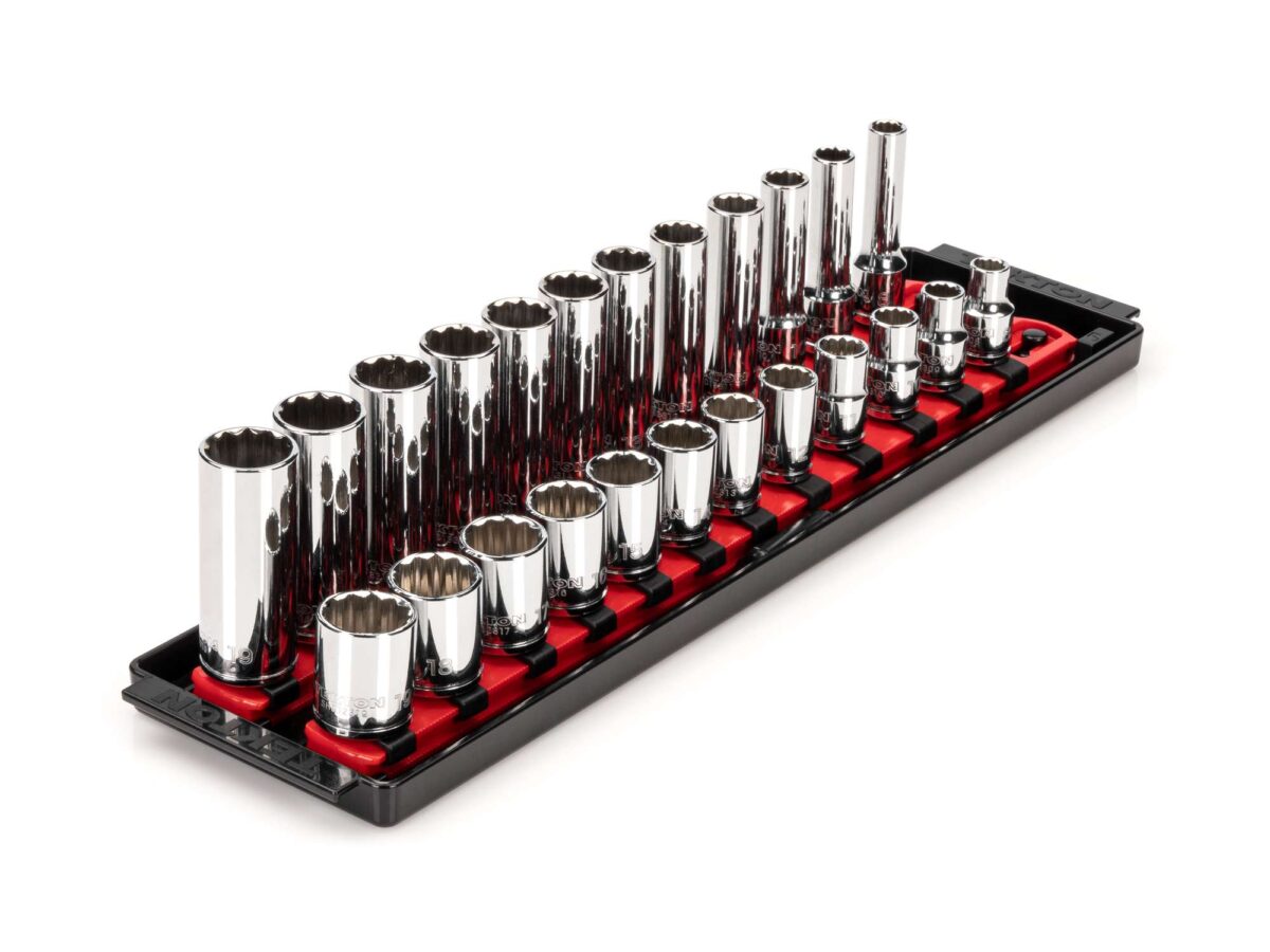 TEKTON 3/8 Inch Drive 12-Point Socket Set with Rails and Tray, 24-Piece (8-19 mm) | SHD91216 Main image