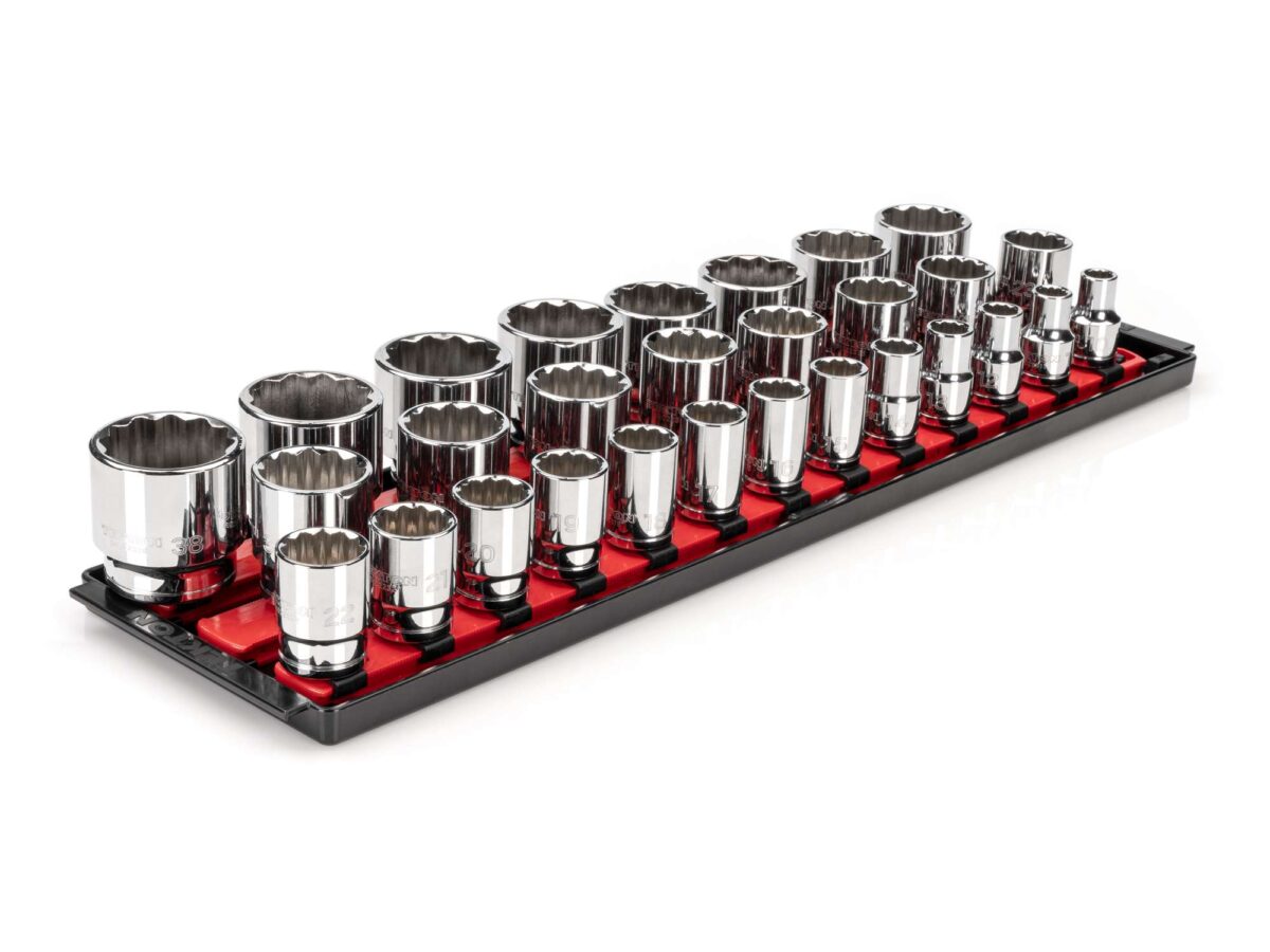 TEKTON 1/2 Inch Drive 12-Point Socket Set with Rails and Tray, 29-Piece (10-38 mm) | SHD92128