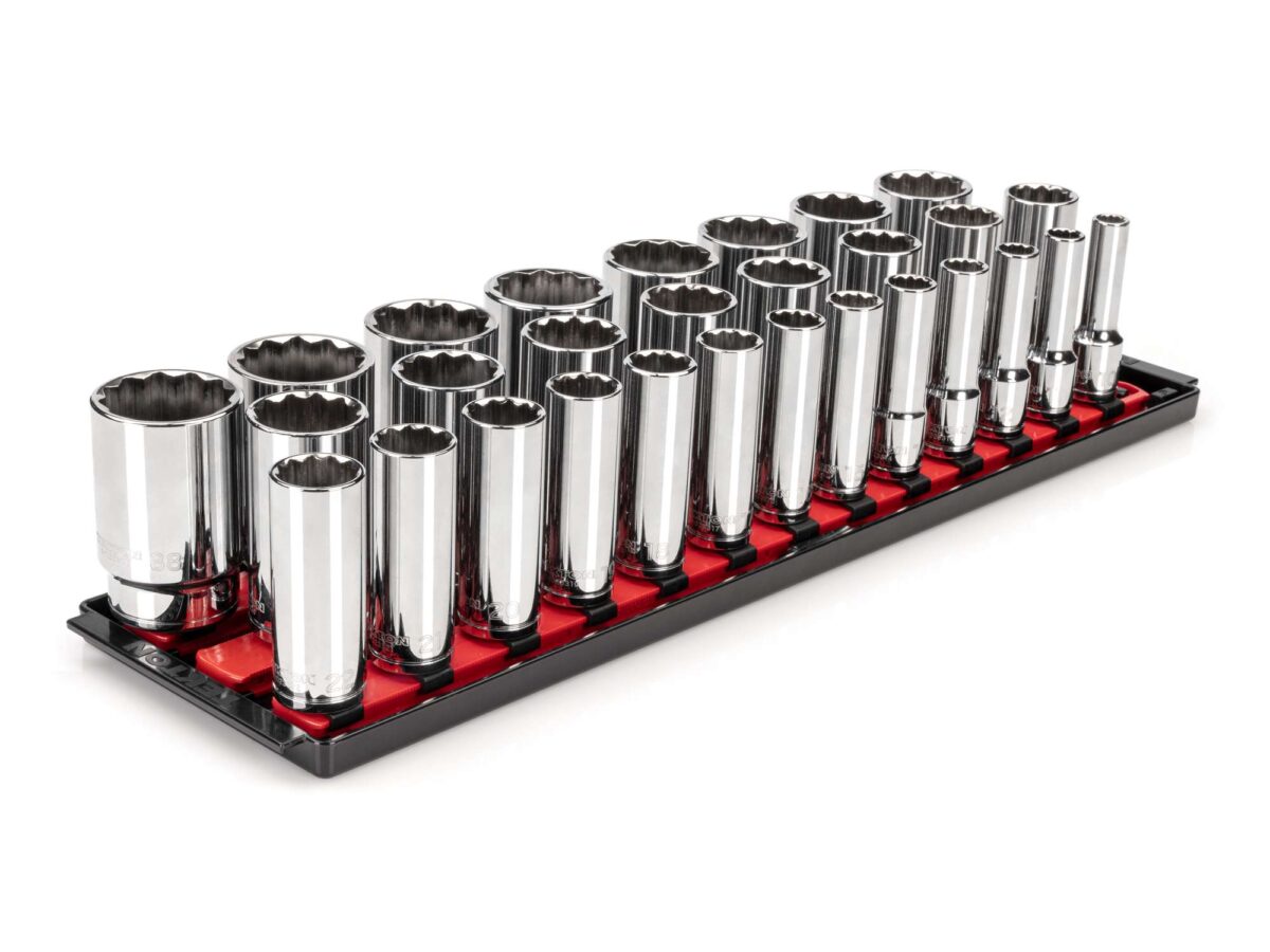 TEKTON 1/2 Inch Drive Deep 12-Point Socket Set with Rails and Tray, 29-Piece (10-38 mm) | SHD92129 Main image