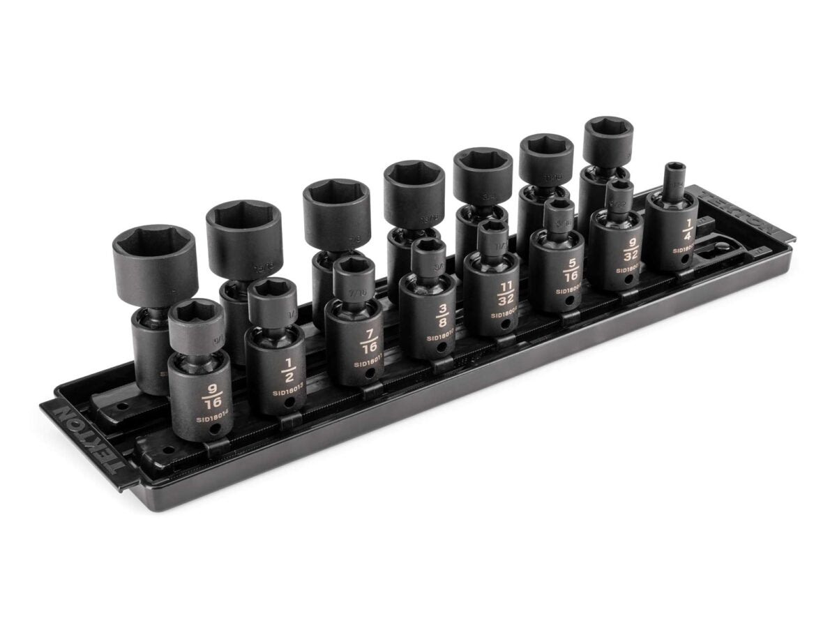 TEKTON 3/8 Inch Drive 6-Point Universal Joint Impact Socket Set with Rails and Tray, 15-Piece (1/4-1 in.) | SID97101
