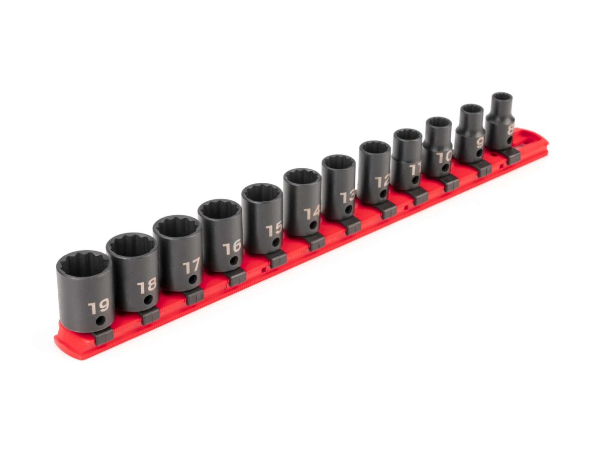 TEKTON 3/8 Inch Drive 12-Point Impact Socket Set with Rail, 12-Piece (8-19 mm) | SID91110 Main image