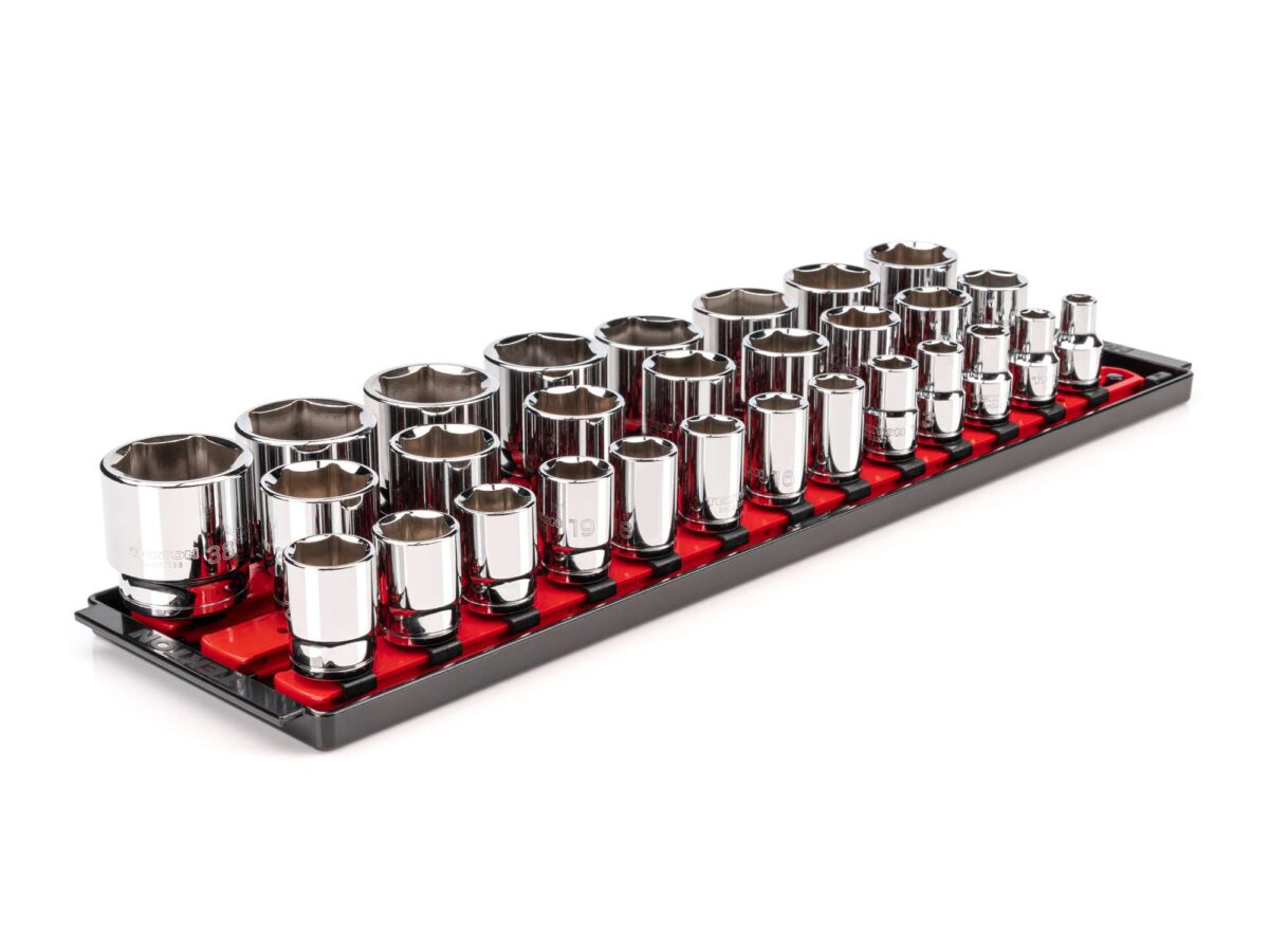 TEKTON 1/2 Inch Drive 6-Point Socket Set with Rails and Tray, 29-Piece (10-38 mm) | SHD92124 Main image