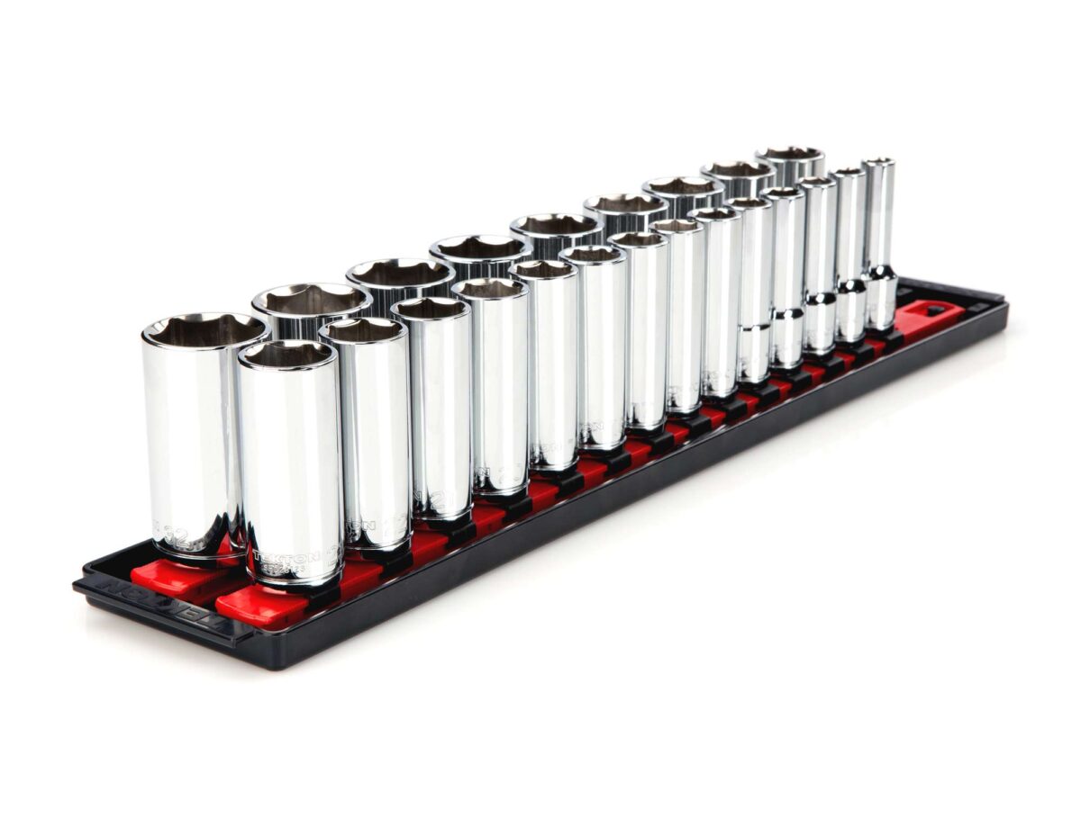 TEKTON 1/2 Inch Drive Deep 6-Point Socket Set with Rails and Tray, 23-Piece (10-32 mm) | SHD92006