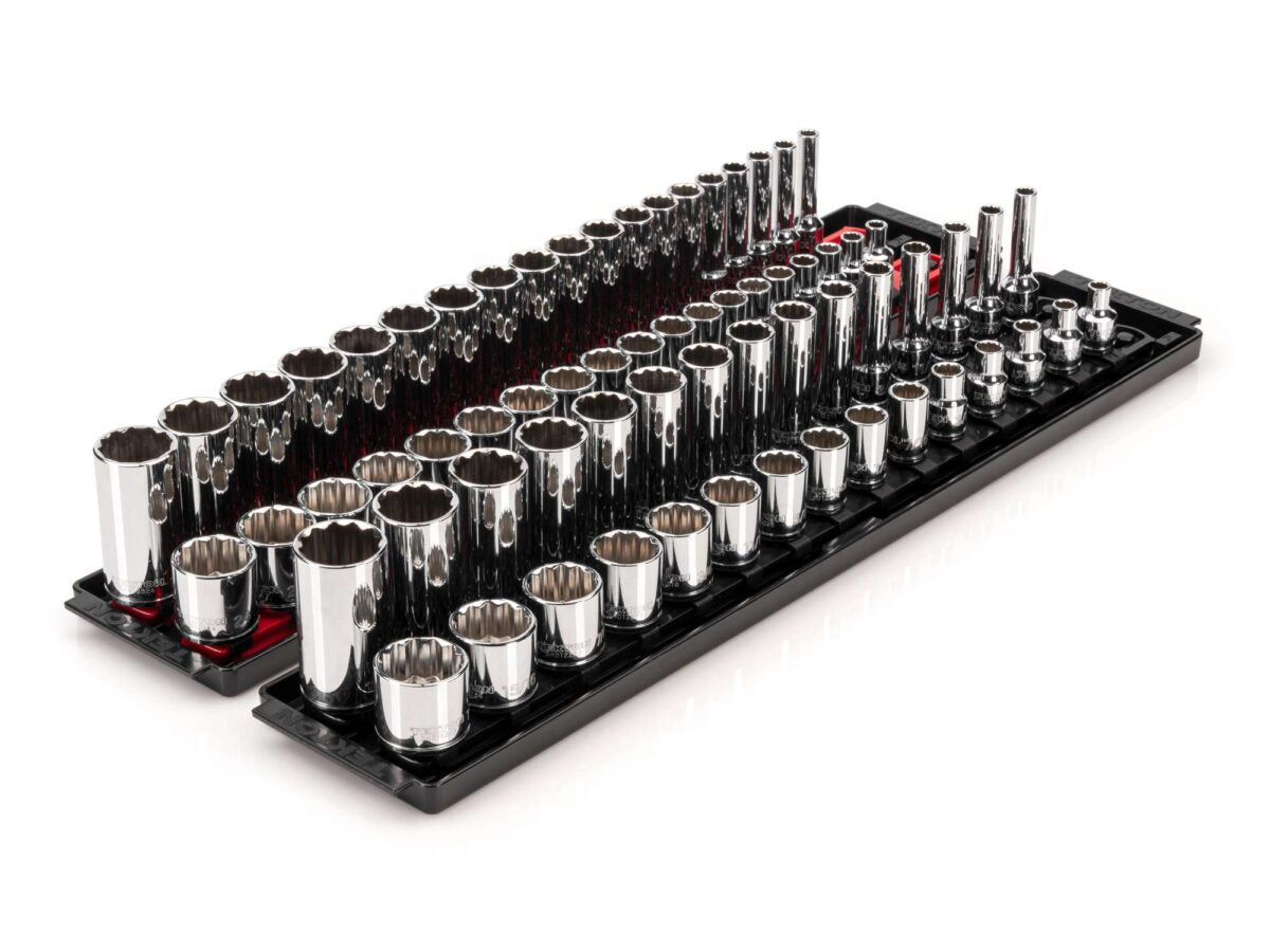 TEKTON 3/8 Inch Drive 12-Point Socket Set with Rails and Trays, 68-Piece (1/4-1 in., 6-24 mm) | SHD91221 Main image