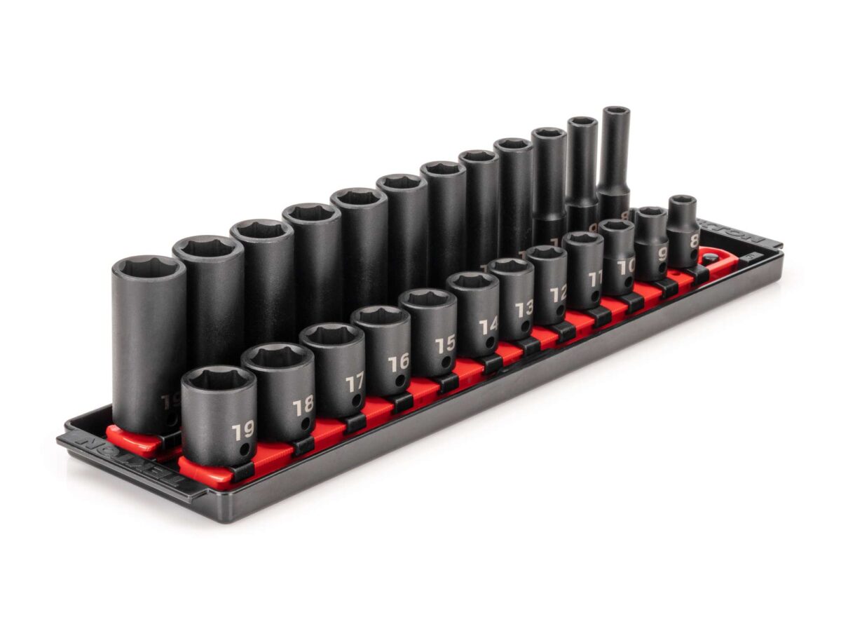 TEKTON 3/8 Inch Drive 6-Point Impact Socket Set with Rails and Tray, 24-Piece (8-19 mm) | SID91209