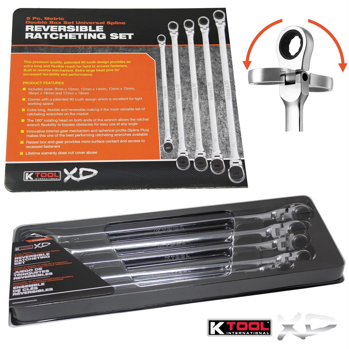 K Tool International Wrench Set 4 Piece Double Box Reversible Ratcheting SAE Universal Spline 90 Tooth