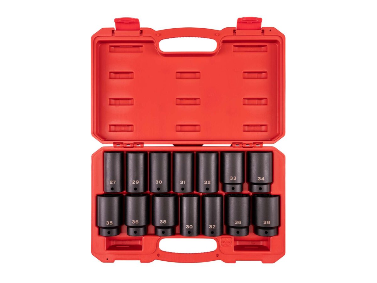 TEKTON 1/2 Inch Drive Deep 6-Point and 12-Point Axle Nut Impact Socket Set with Case, 14-Piece (27-39 mm) | SID92341