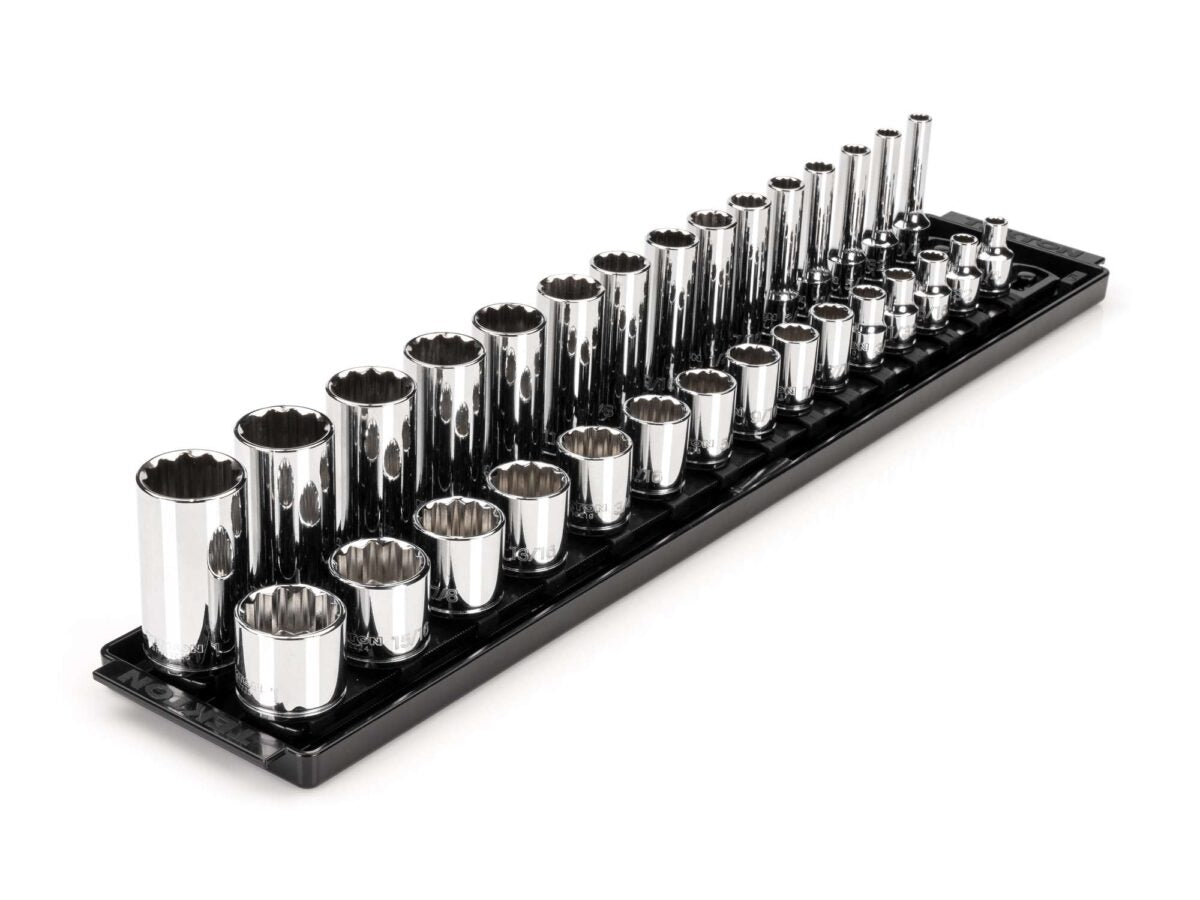 TEKTON 3/8 Inch Drive 12-Point Socket Set with Rails and Tray, 30-Piece (1/4-1 in.) | SHD91210 Main image