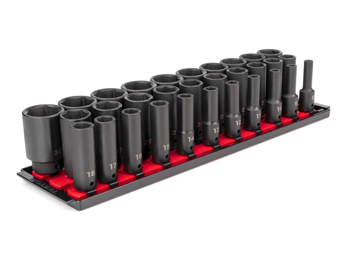 TEKTON 1/2 Inch Drive Deep 6-Point Impact Socket Set with Rails and Tray, 31-Piece (8-38 mm) | SID92105 Main image