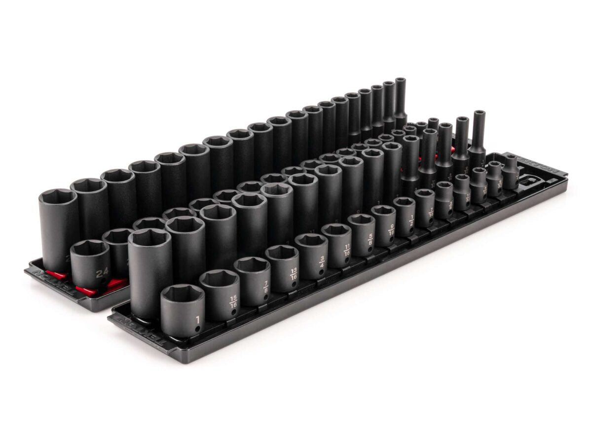TEKTON 3/8 Inch Drive 6-Point Impact Socket Set with Rails and Trays, 68-Piece (1/4-1 in., 6-24 mm) | SID91218
