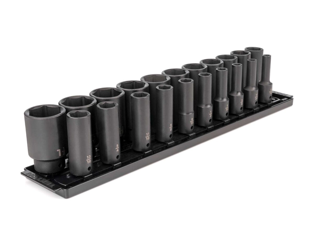 TEKTON 1/2 Inch Drive Deep 6-Point Impact Socket Set with Rails and Tray, 21-Piece (5/16 - 1-1/2 in.) | SID92103