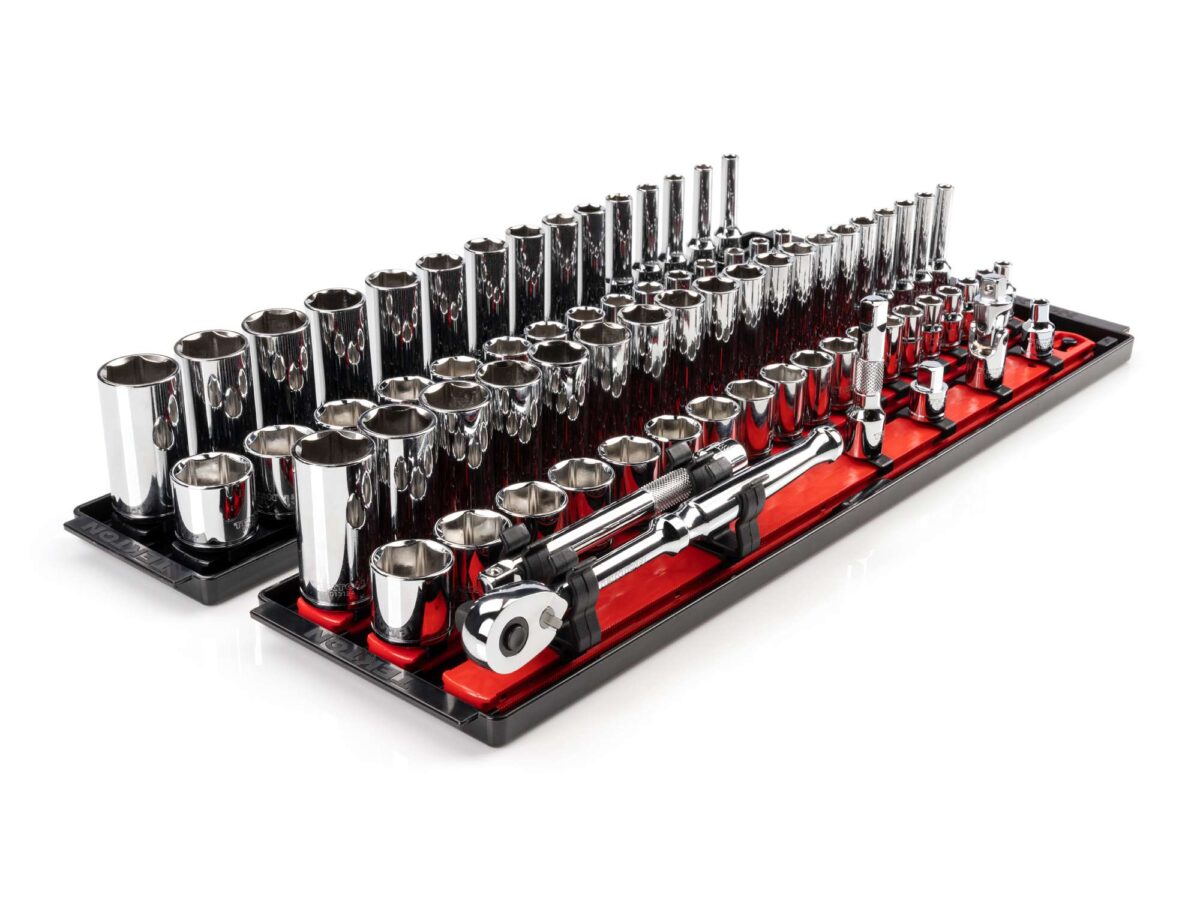 TEKTON 3/8 Inch Drive 6-Point Socket and Ratchet Set with Rails and Trays, 74-Piece (1/4-1 in., 6-24 mm) | SKT13301 Main image