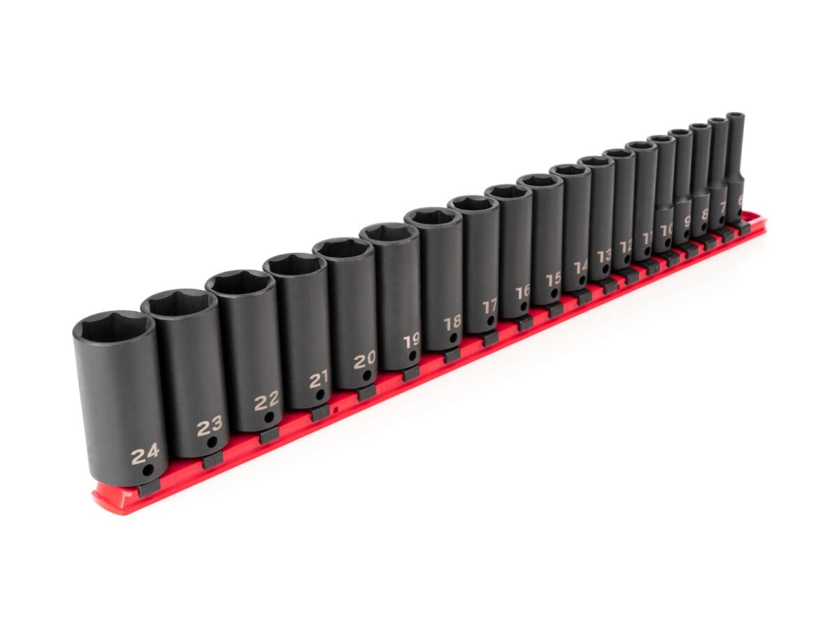 TEKTON 3/8 Inch Drive Deep 6-Point Impact Socket Set with Rail, 19-Piece (6-24 mm) | SID91107