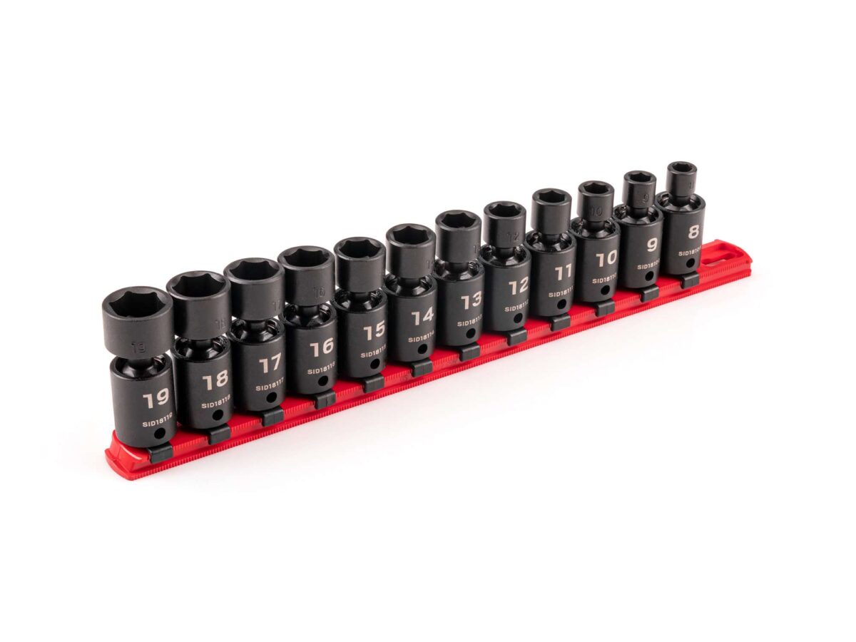 TEKTON 3/8 Inch Drive 6-Point Universal Joint Impact Socket Set with Rail, 12-Piece (8-19 mm) | SID97102 Main image