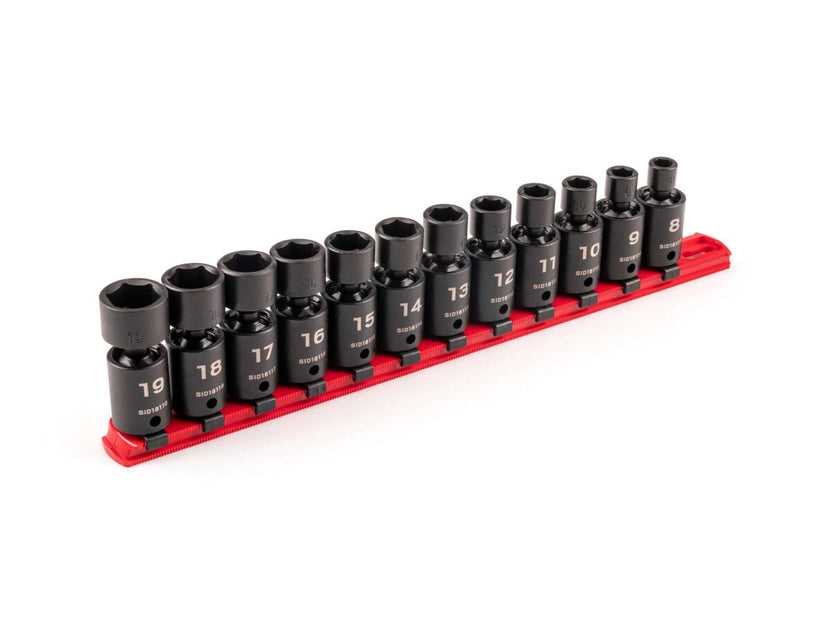 TEKTON 3/8 Inch Drive 6-Point Universal Joint Impact Socket Set with Rail, 12-Piece (8-19 mm) | SID97102 Main image