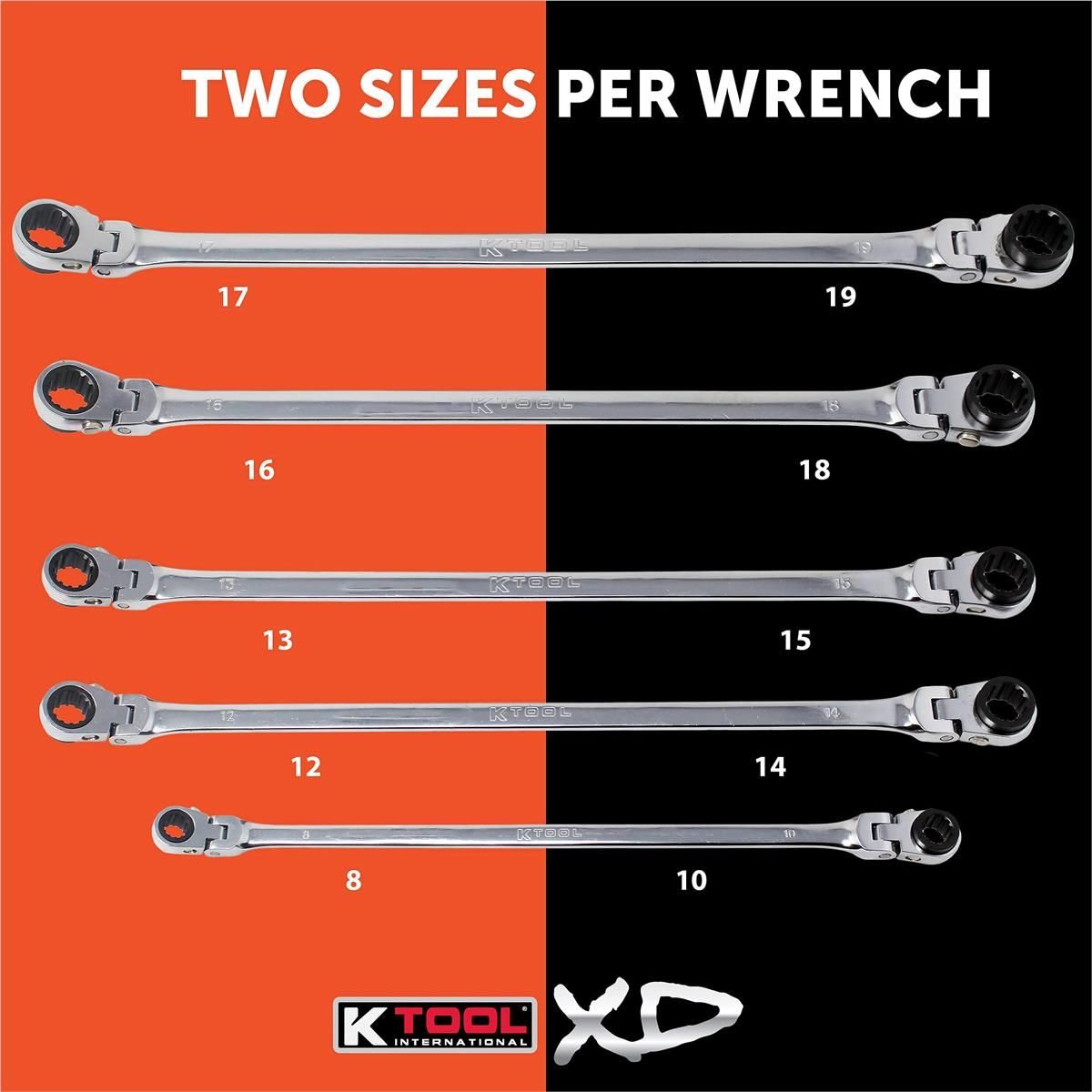 K Tool International Wrench Set 5 Piece Metric Ratcheting Double Flex 120 Tooth