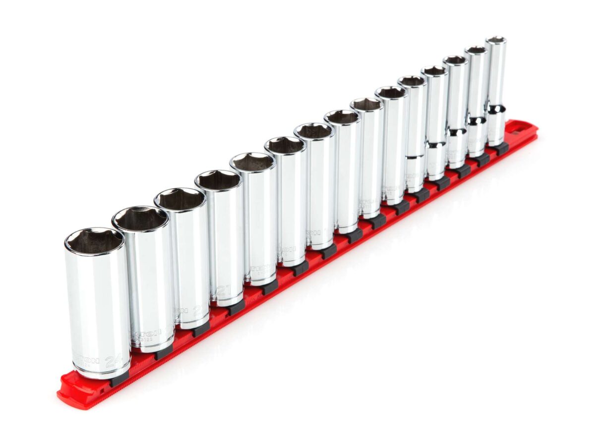 TEKTON 1/2 Inch Drive Deep 6-Point Socket Set with Rail, 15-Piece (10-24 mm) | SHD92106