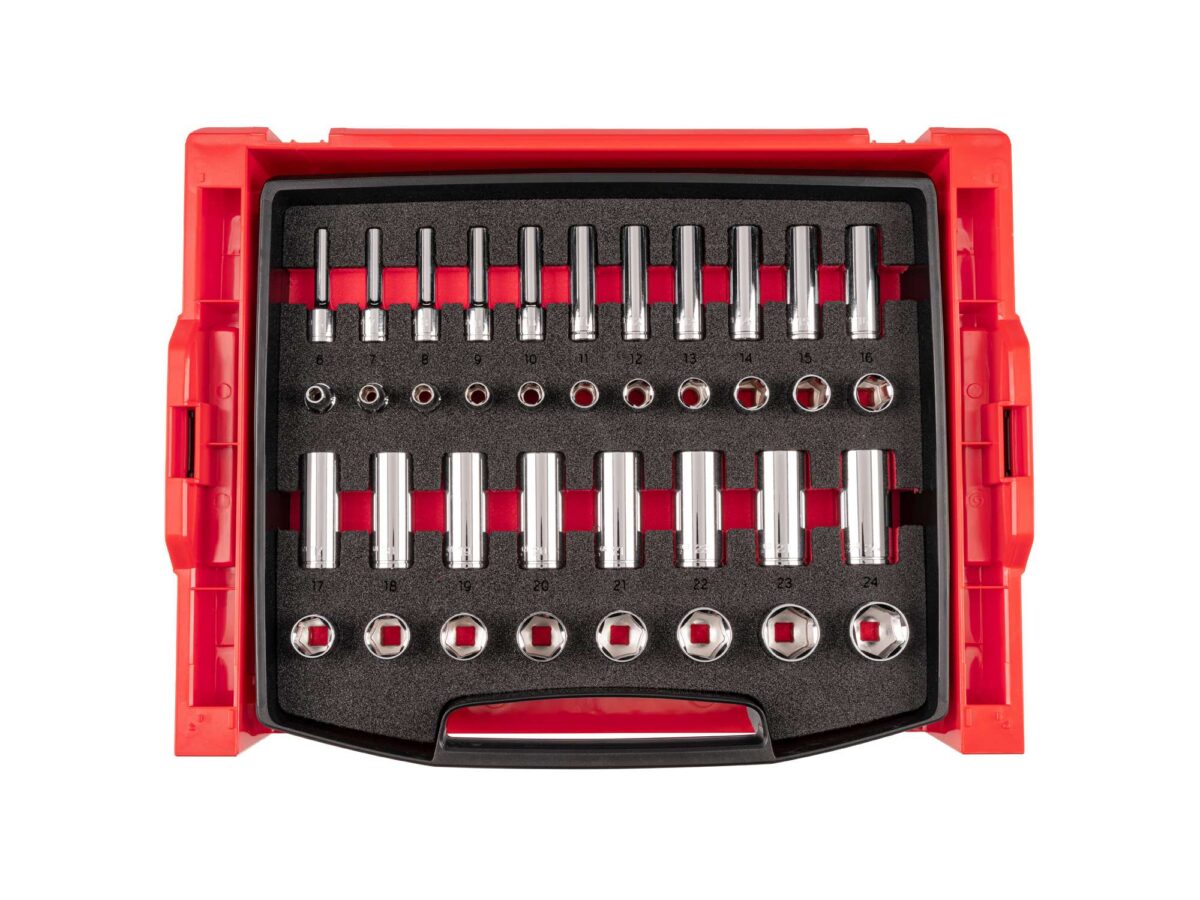 TEKTON 3/8 Inch Drive 6-Point Socket Set with Open Top Drawer and Rack, 38-Piece (6-24 mm) | OLB94307