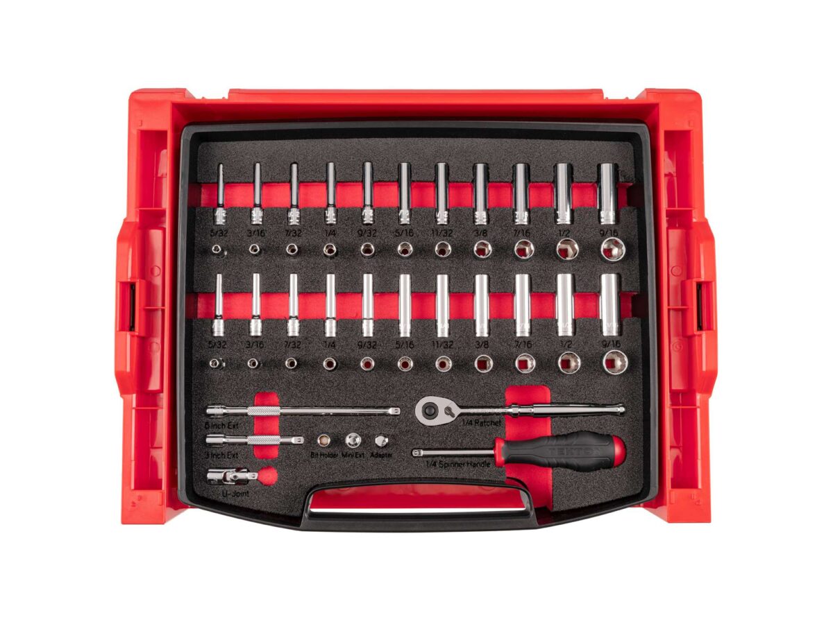 TEKTON 1/4 Inch Drive 6-Point and 12-Point Socket and Ratchet Set with Open Top Drawer and Rack, 52-Piece (5/32-9/16 in.) | OLB94301 Main image