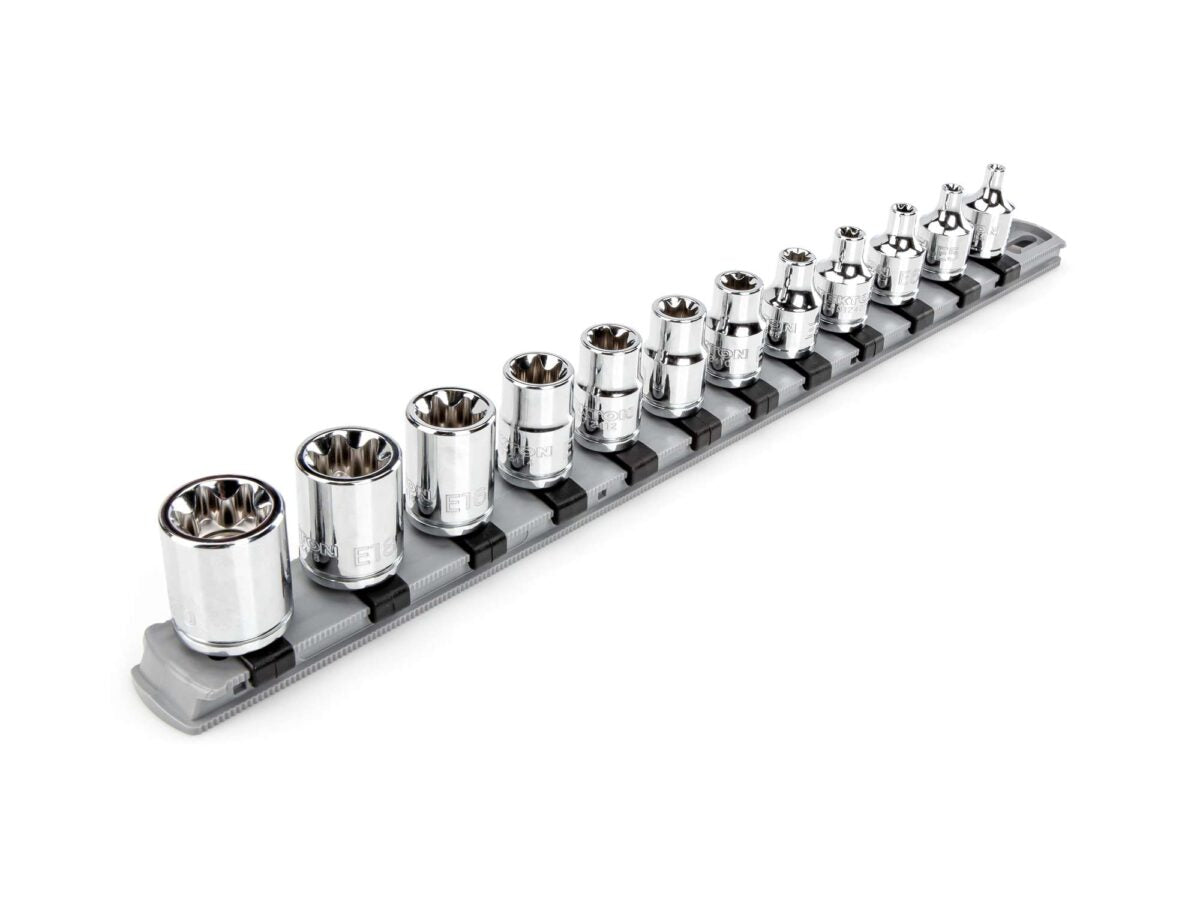 TEKTON 3/8 Inch Drive External Star Socket Set with Rail, 12-Piece (E4-E20) | SHD91117 Main image