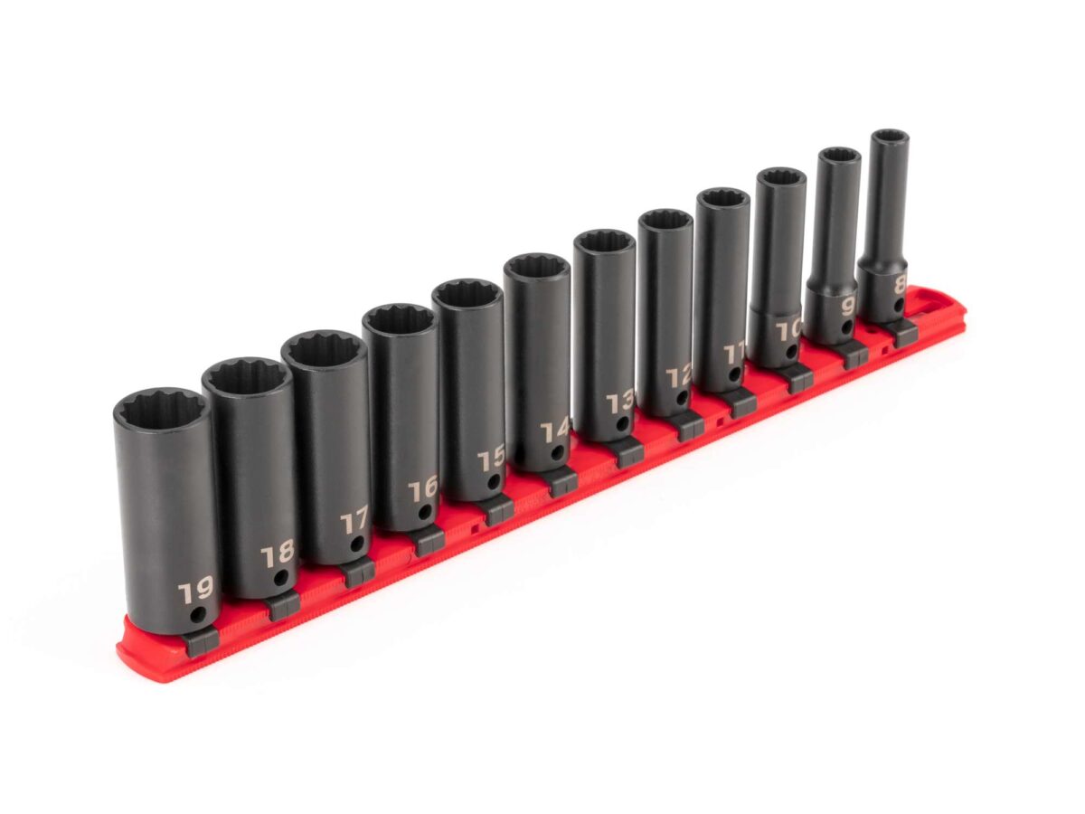 TEKTON 3/8 Inch Drive Deep 12-Point Impact Socket Set with Rail, 12-Piece (8-19 mm) | SID91111 Main image