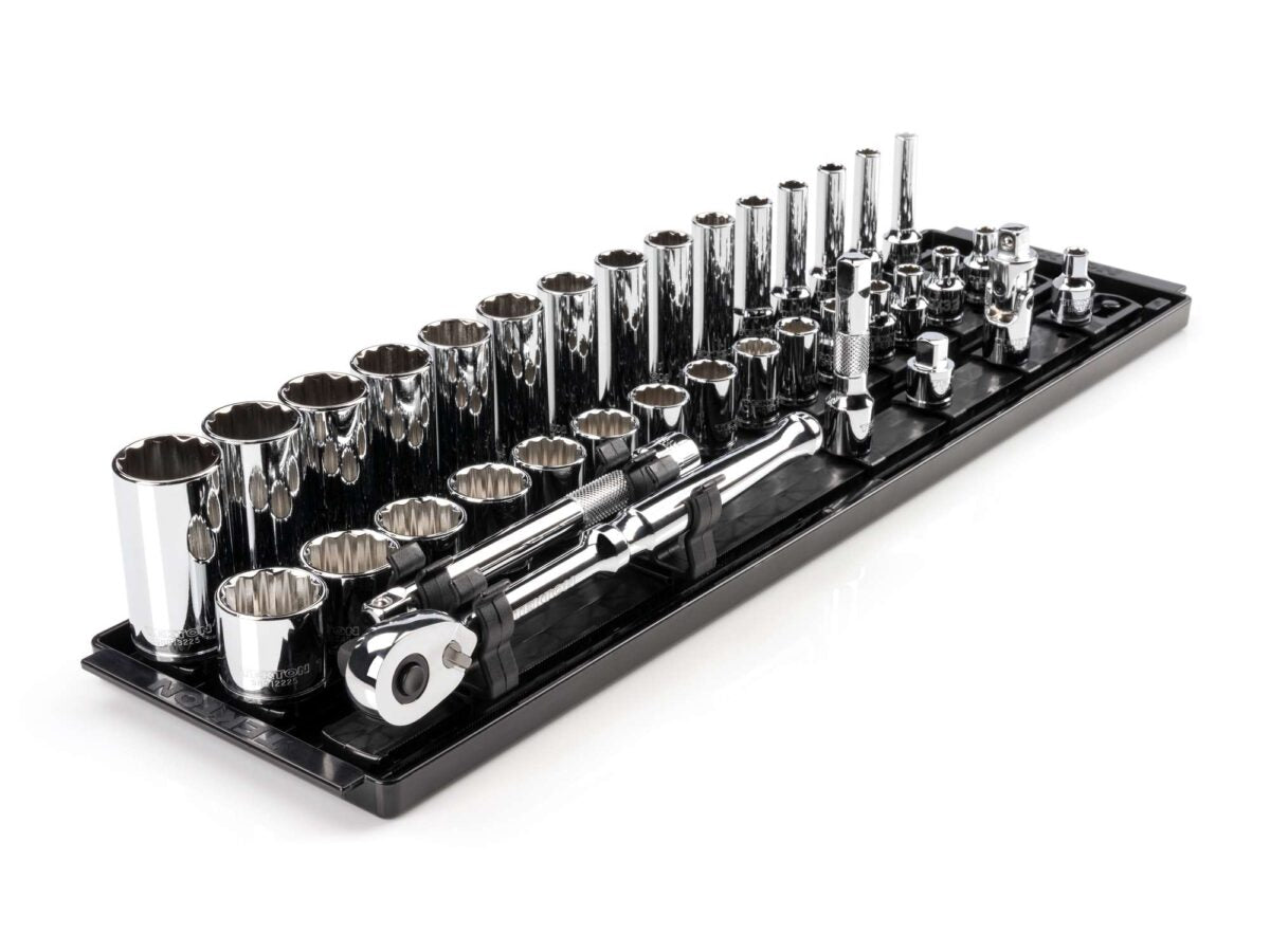 TEKTON 3/8 Inch Drive 12-Point Socket and Ratchet Set with Rails and Tray, 36-Piece (1/4-1 in.) | SKT13102 Main image