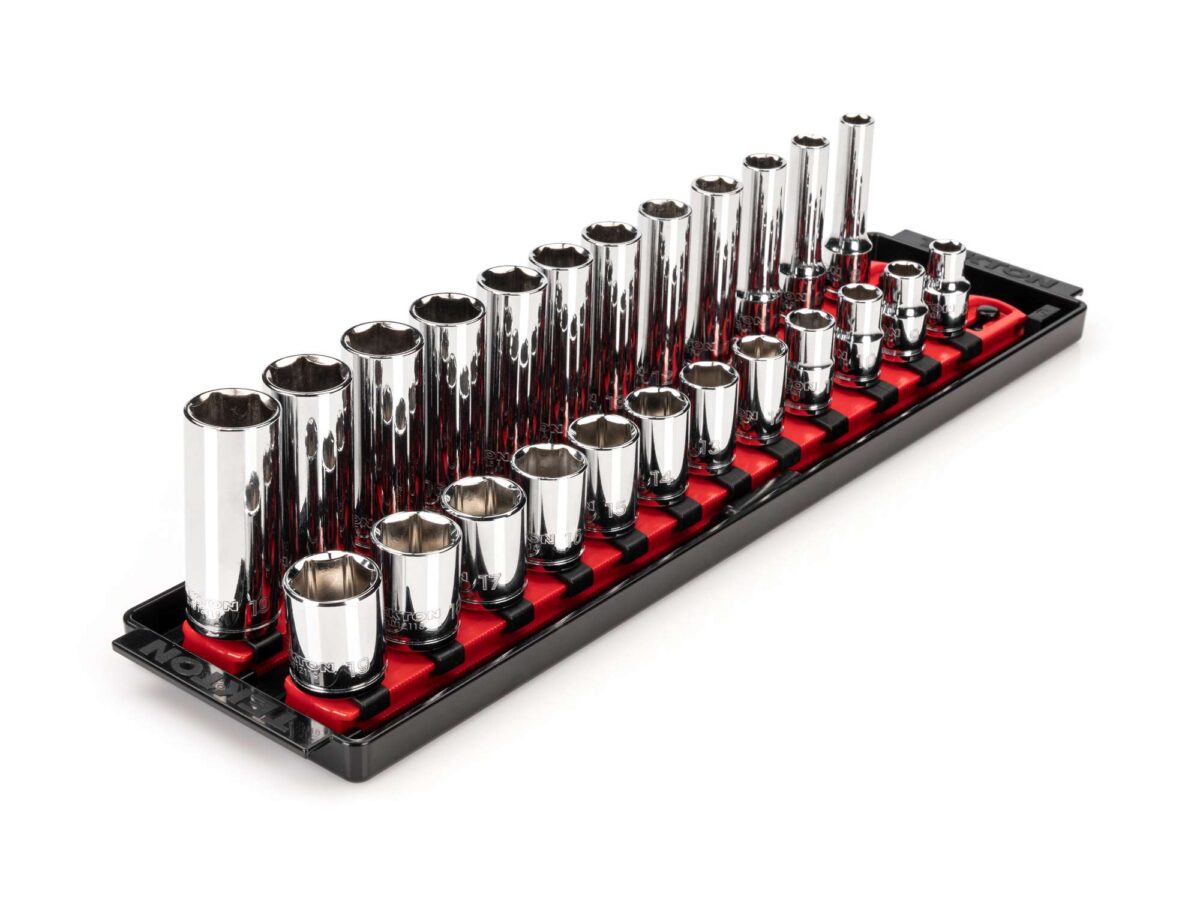 TEKTON 3/8 Inch Drive 6-Point Socket Set with Rails and Tray, 24-Piece (8-19 mm) | SHD91215 Main image