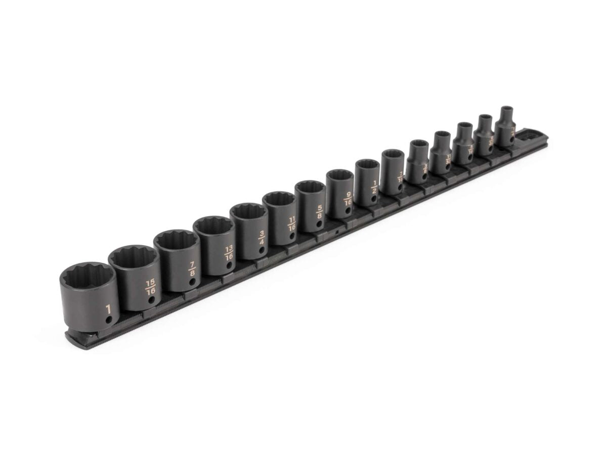 TEKTON 3/8 Inch Drive 12-Point Impact Socket Set with Rail, 15-Piece (1/4-1 in.) | SID91112