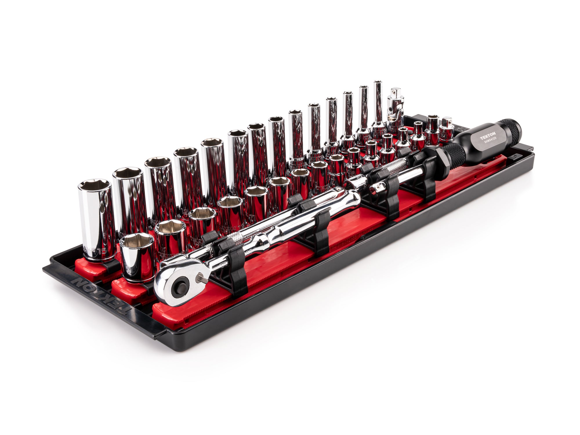TEKTON 1/4 Inch Drive 6-Point Socket and Ratchet Set with Rails and Tray, 35-Piece (4-15 mm) | SKT03201