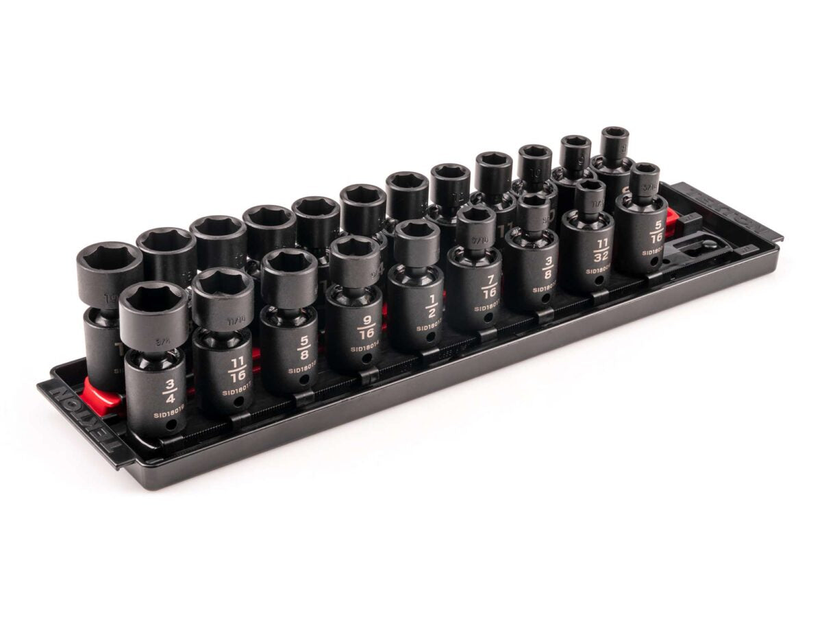 TEKTON 3/8 Inch Drive 6-Point Universal Joint Impact Socket Set with Rails and Tray, 21-Piece (5/16-3/4 in., 8-19 mm) | SID97200 Main image