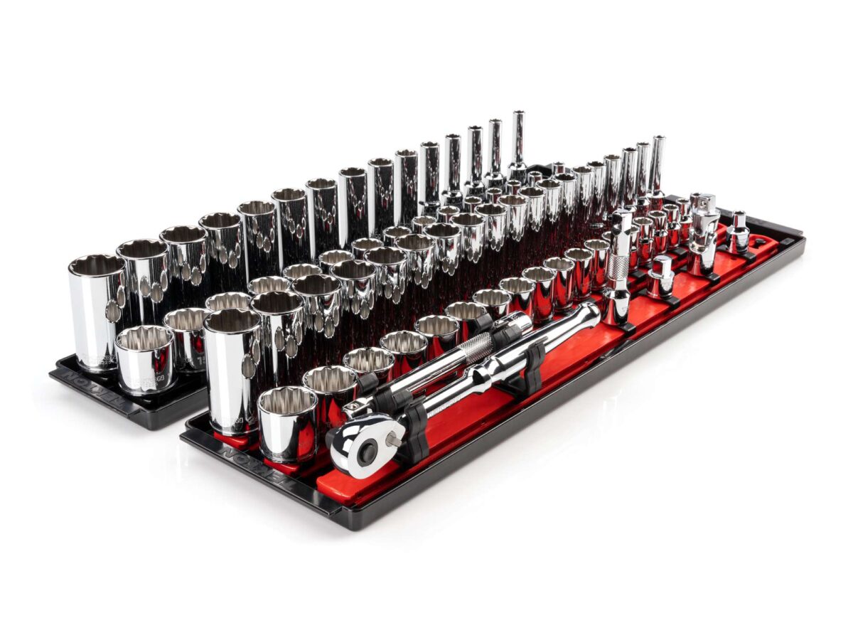 TEKTON 3/8 Inch Drive 12-Point Socket and Ratchet Set with Rails and Trays, 74-Piece (1/4-1 in., 6-24 mm) | SKT13302 Main image