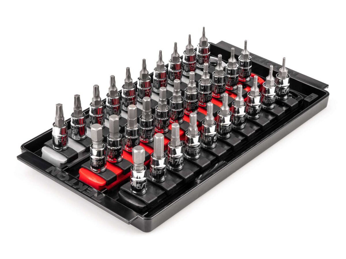 TEKTON 1/4 Inch Drive Hex and Torx Bit Socket Set with Rails and Tray, 31-Piece (5/64-5/16 in., 2-8 mm, T6-T30) | SHB90204