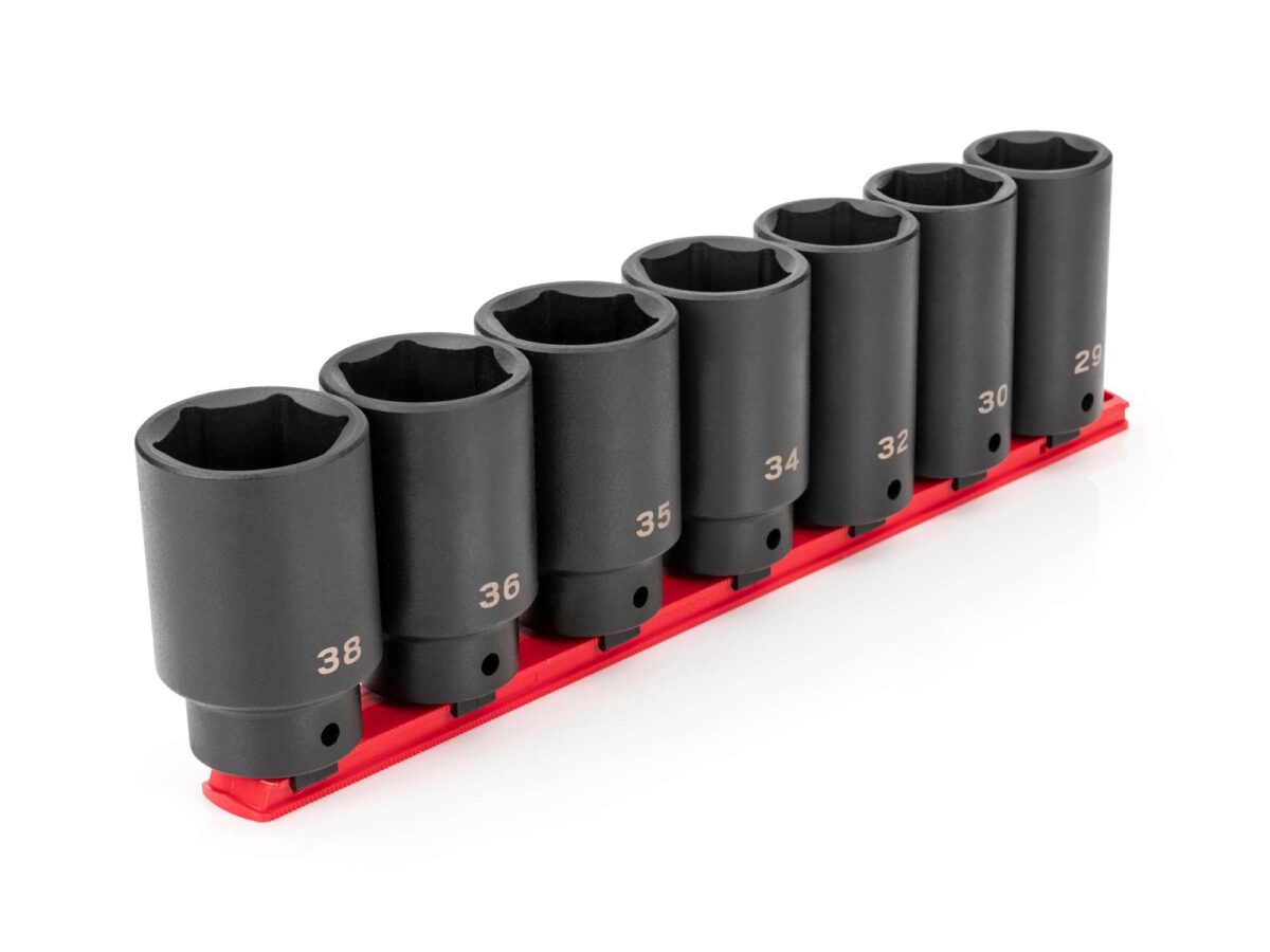 TEKTON 1/2 Inch Drive Deep 6-Point Axle Nut Impact Socket Set with Rail, 7-Piece (29-38 mm) | SID92101 Main image