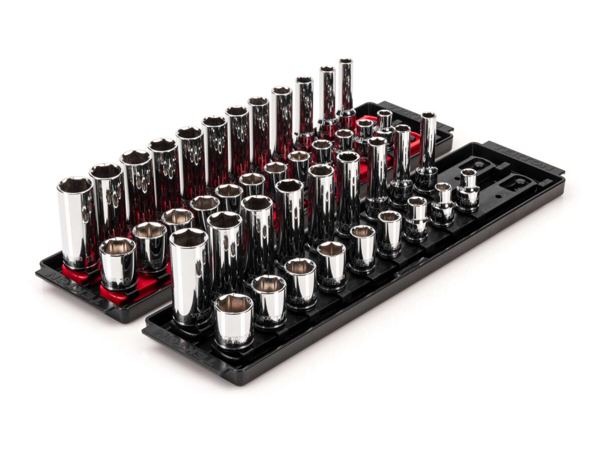 TEKTON 3/8 Inch Drive 6-Point Socket Set with Rails and Trays, 42-Piece (5/16-3/4 in., 8-19 mm) | SHD91218 Main image