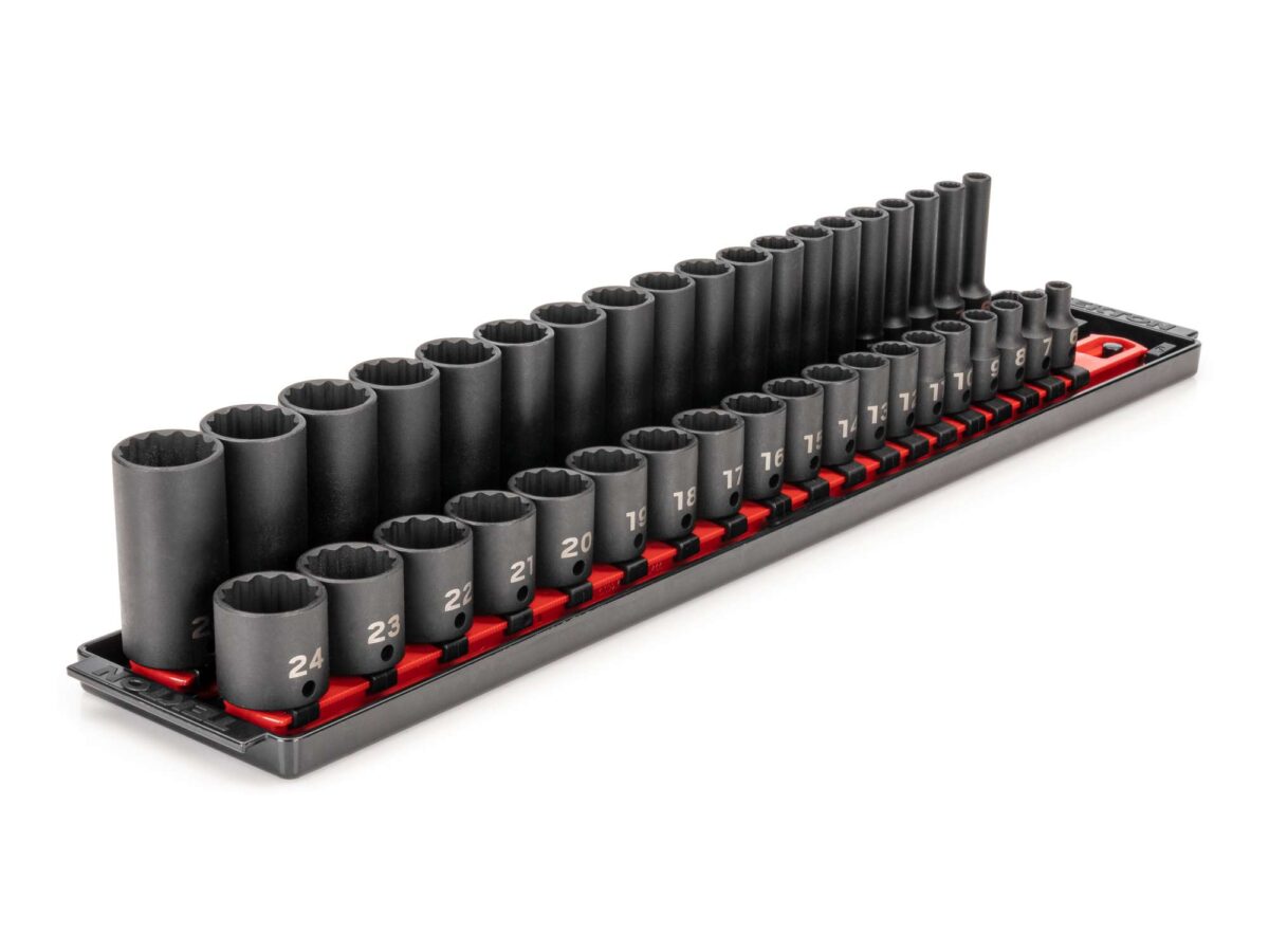 TEKTON 3/8 Inch Drive 12-Point Impact Socket Set with Rails and Tray, 38-Piece (6-24 mm) | SID91215 Main image